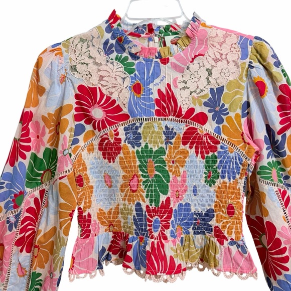 Farm Rio Sunny Daisies Smocked Peplum Crop Top S Multicolor Boho Lace Festival - Picture 2 of 8